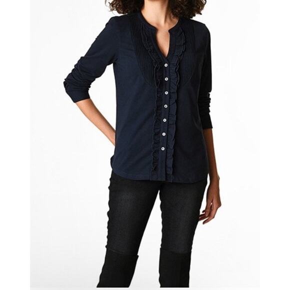 Talbots Sweater Women's Medium Navy Cardigan Button Ruffle Knit - Picture 1 of 7